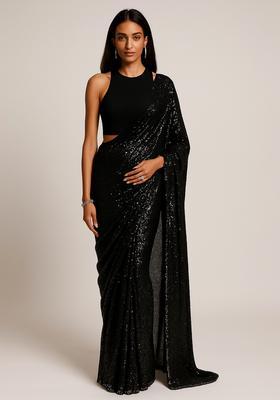 Black Sequin Embellished Net Pre Draped Saree Set