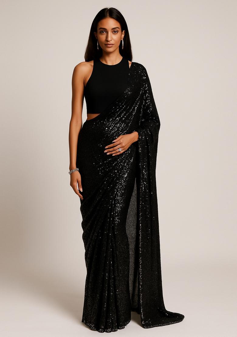 Black Sequin Embellished Net Pre Draped Saree Set - Indya