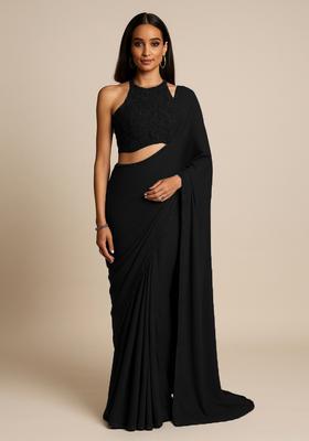 Grey Embellished Blouse Georgette Pre Draped Saree Set