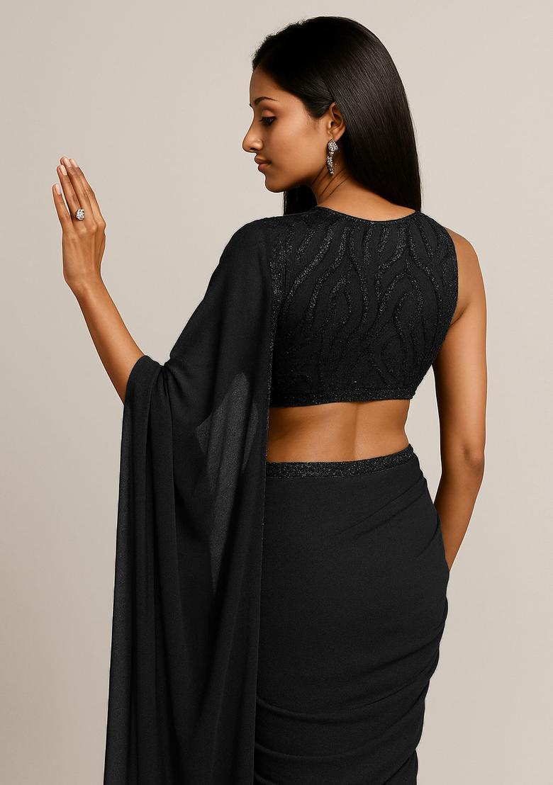 Grey Embellished Blouse Georgette Pre Draped Saree Set - Indya