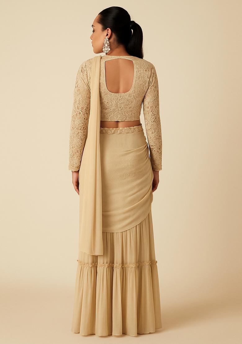 Cream Embellished Blouse Georgette Fusion Set - Indya