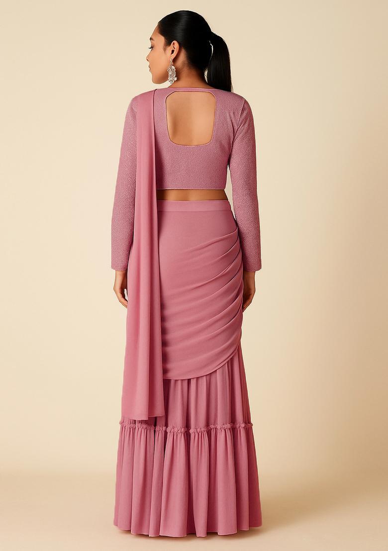 Mauve Embellished Blouse Georgette Fusion Set - Indya