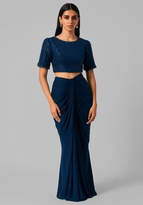 Teal Blue Embroidered Blouse Georgette Fusion Set