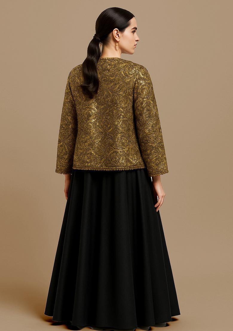 Gold And Black Embroidered Chinon Lehenga Set - Indya