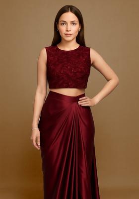 Maroon Embroidered Blouse Satin Fusion Set