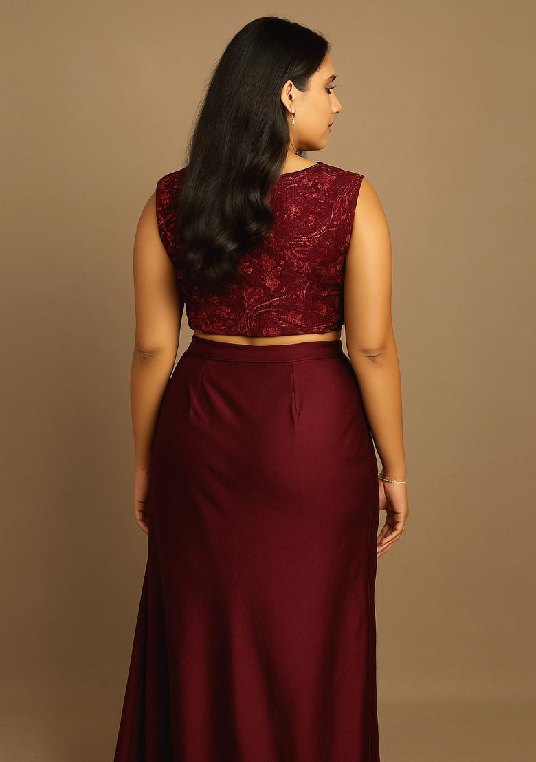 Maroon Embroidered Blouse Satin Fusion Set - Indya