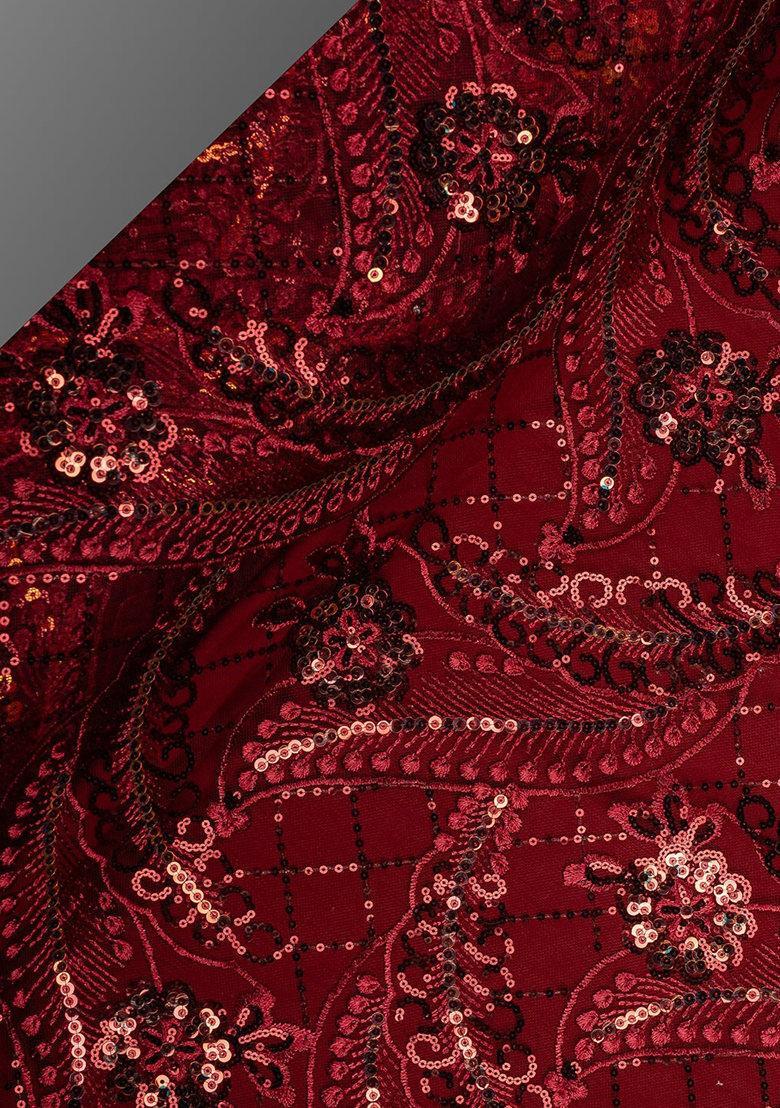 Maroon Embroidered Blouse Satin Fusion Set - Indya