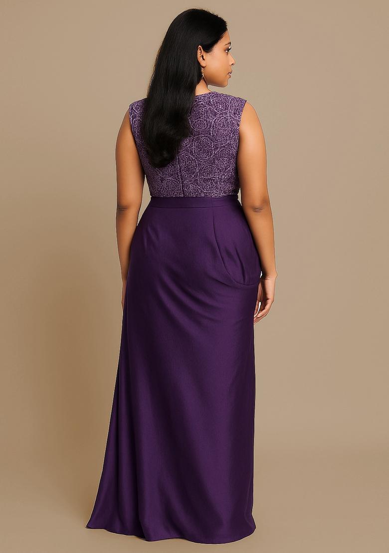 Purple Embroidered Blouse Satin Fusion Set - Indya
