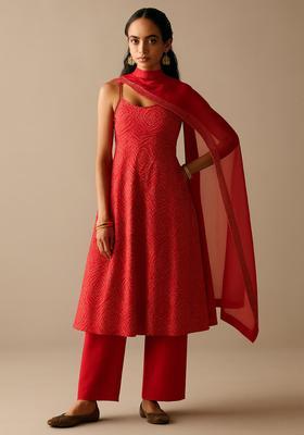 Red Printed Georgette Anarkali Set
