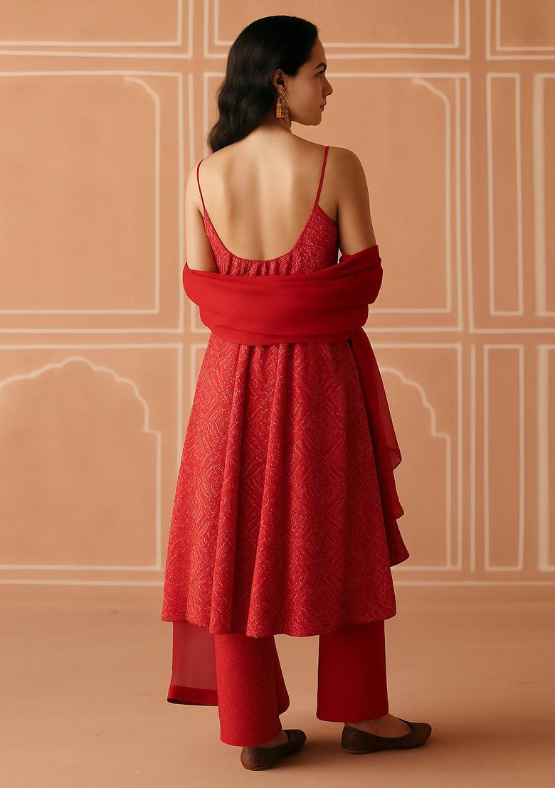Red Printed Georgette Anarkali Set - Indya