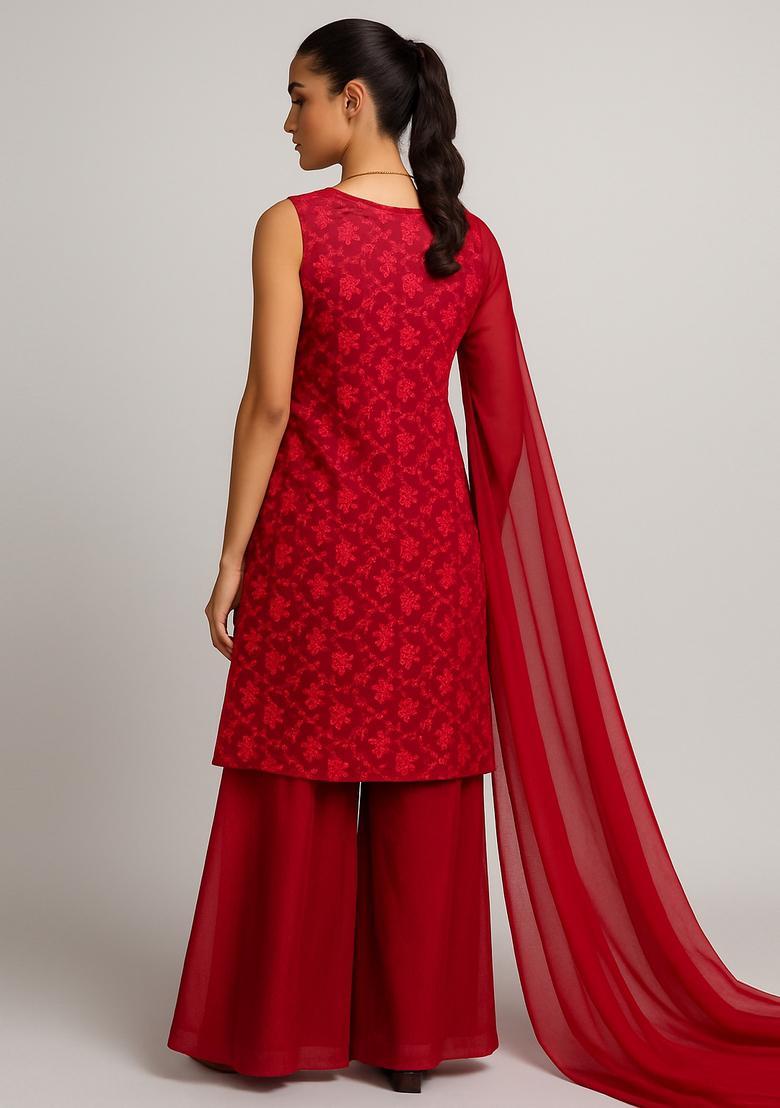 Red Embroidered Georgette Sharara Set - Indya