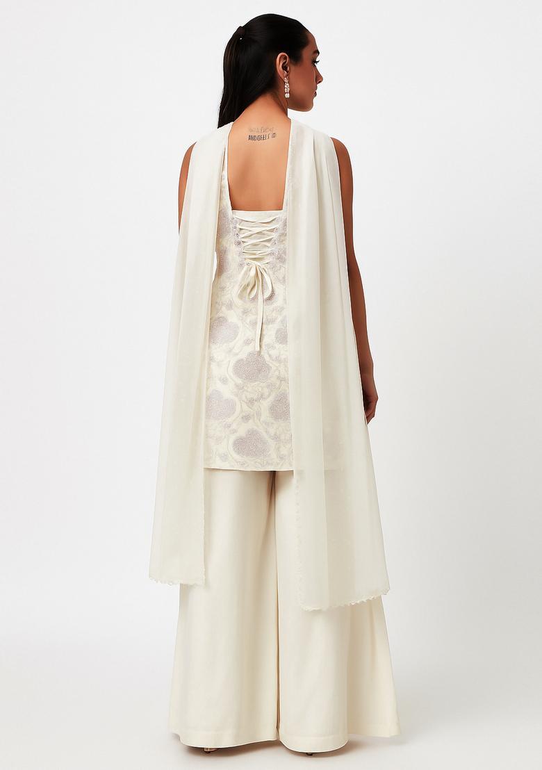 Cream And Pink Embroidered Georgette Sharara Set - Indya