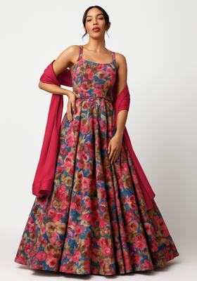 Multicolor Printed Organza Anarkali Set