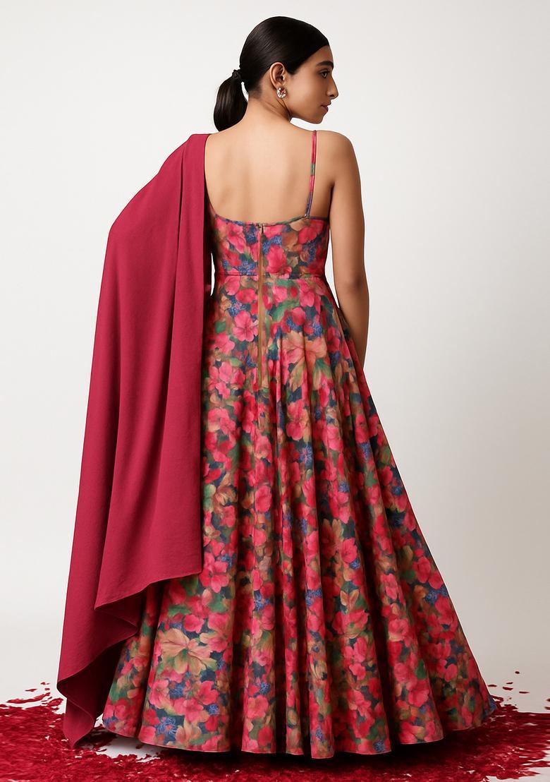 Multicolor Printed Organza Anarkali Set - Indya