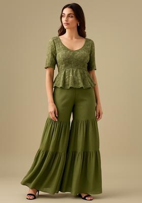 Green Embellished Georgette Sharara Set