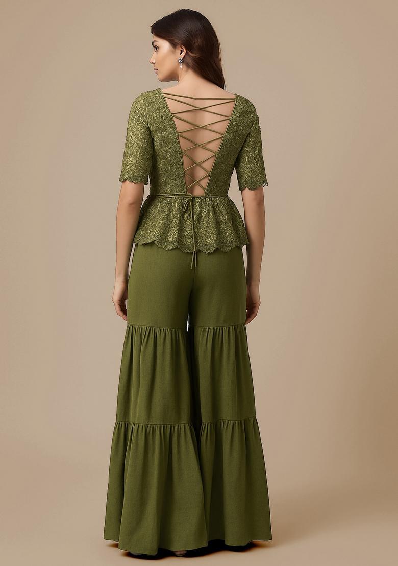 Green Embellished Georgette Sharara Set - Indya