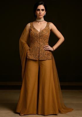 Brown Embroidered Georgette Sharara Set