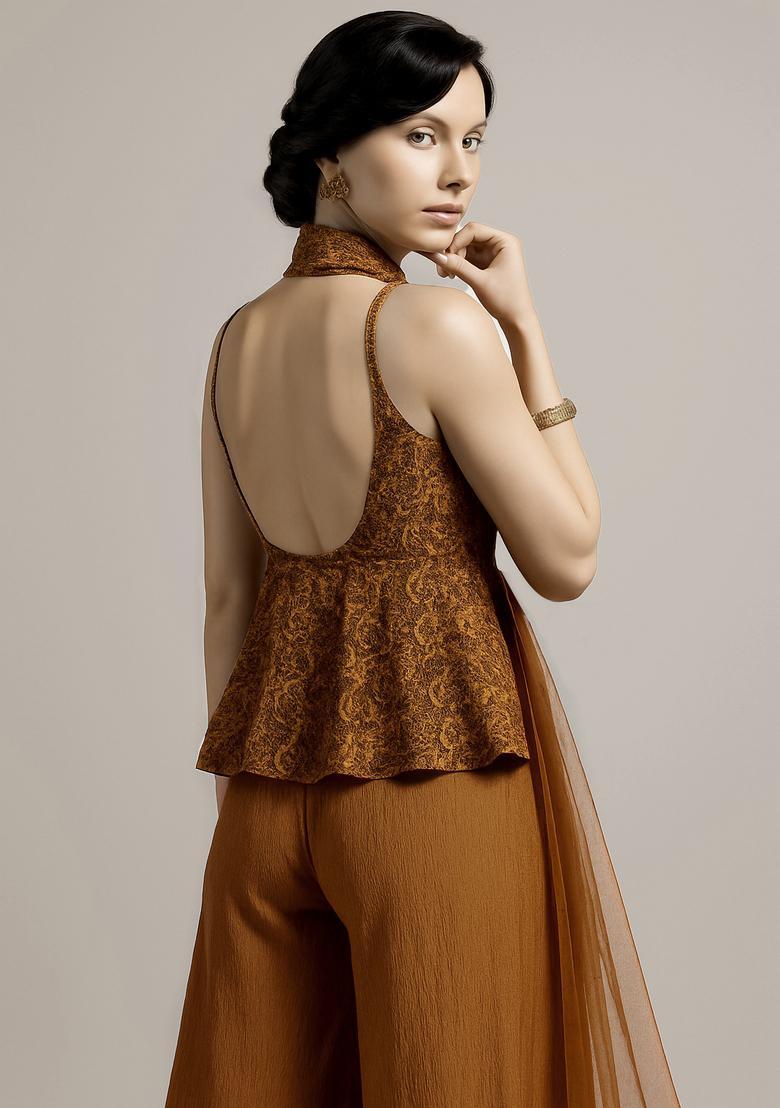 Brown Embroidered Georgette Sharara Set - Indya