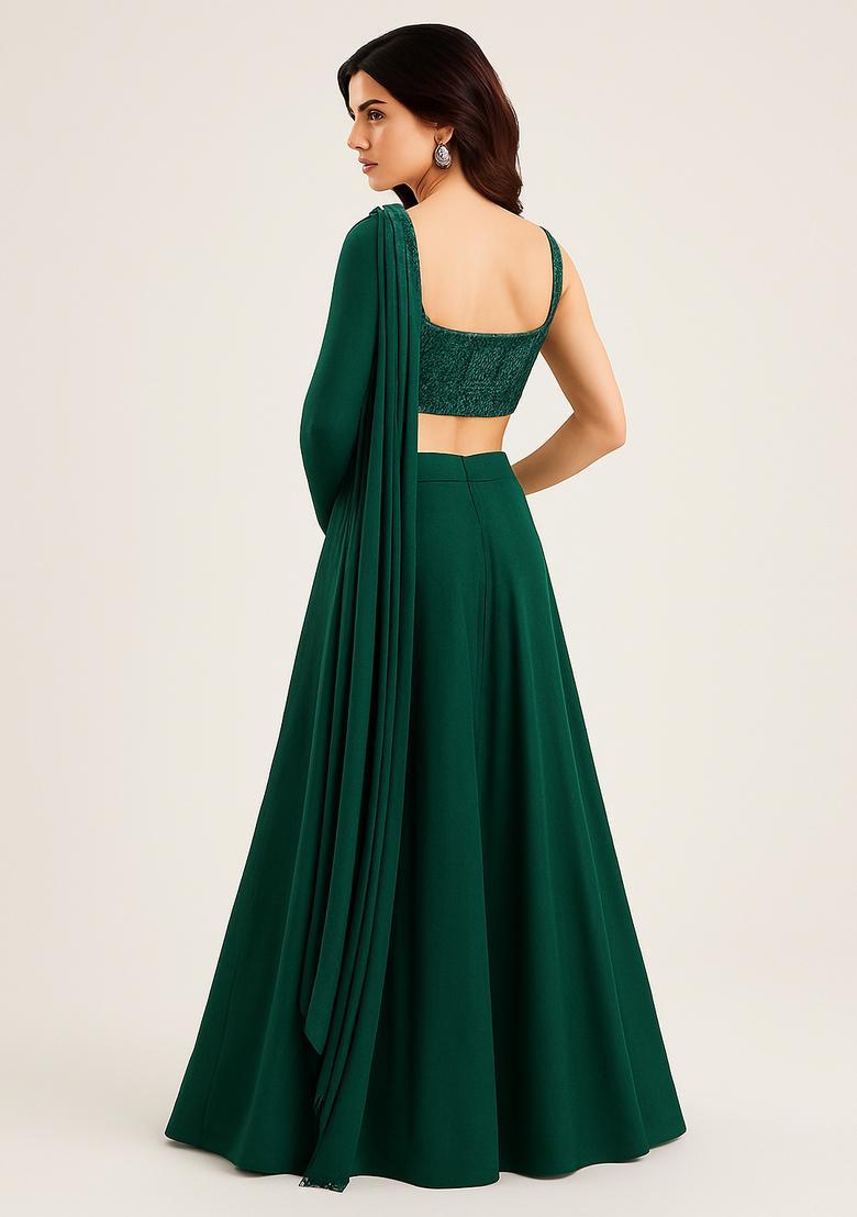 Green Embroidered Blouse Georgette Lehenga Set - Indya