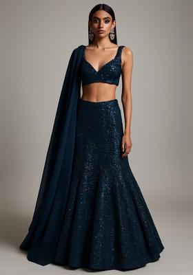 Blue Embellished Net Lehenga Set