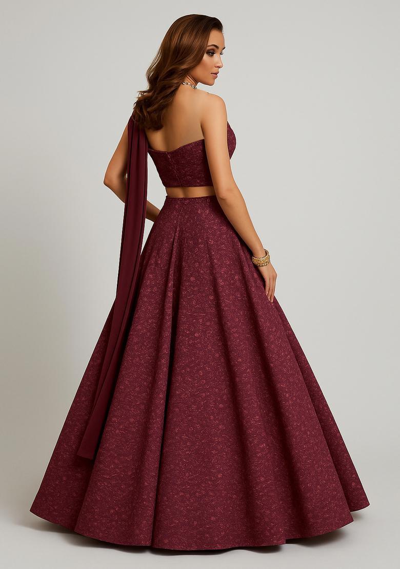 Wine Red Embroidered Net Lehenga Set - Indya