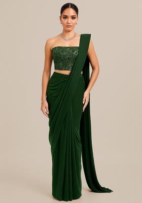 Sage Green Embellished Blouse Georgette Pre Draped Saree Set