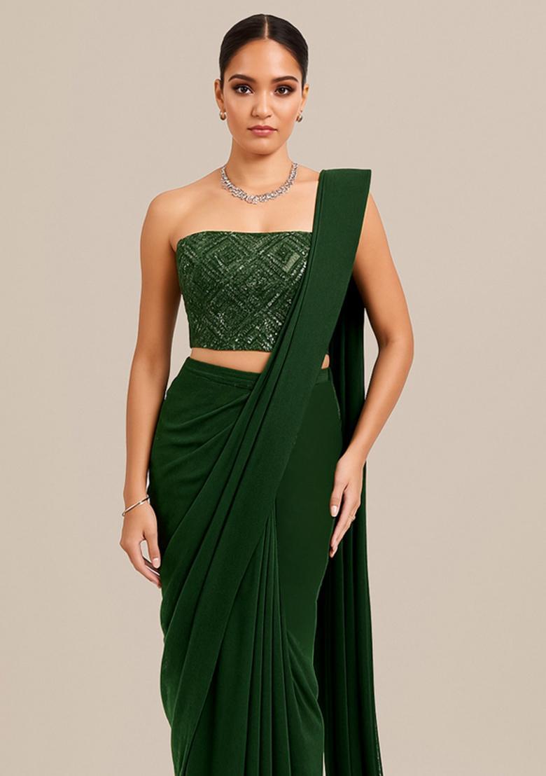 Sage Green Embellished Blouse Georgette Pre Draped Saree Set - Indya