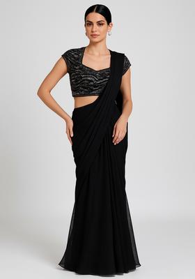 Black Embellished Blouse Georgette Pre Draped Saree Set