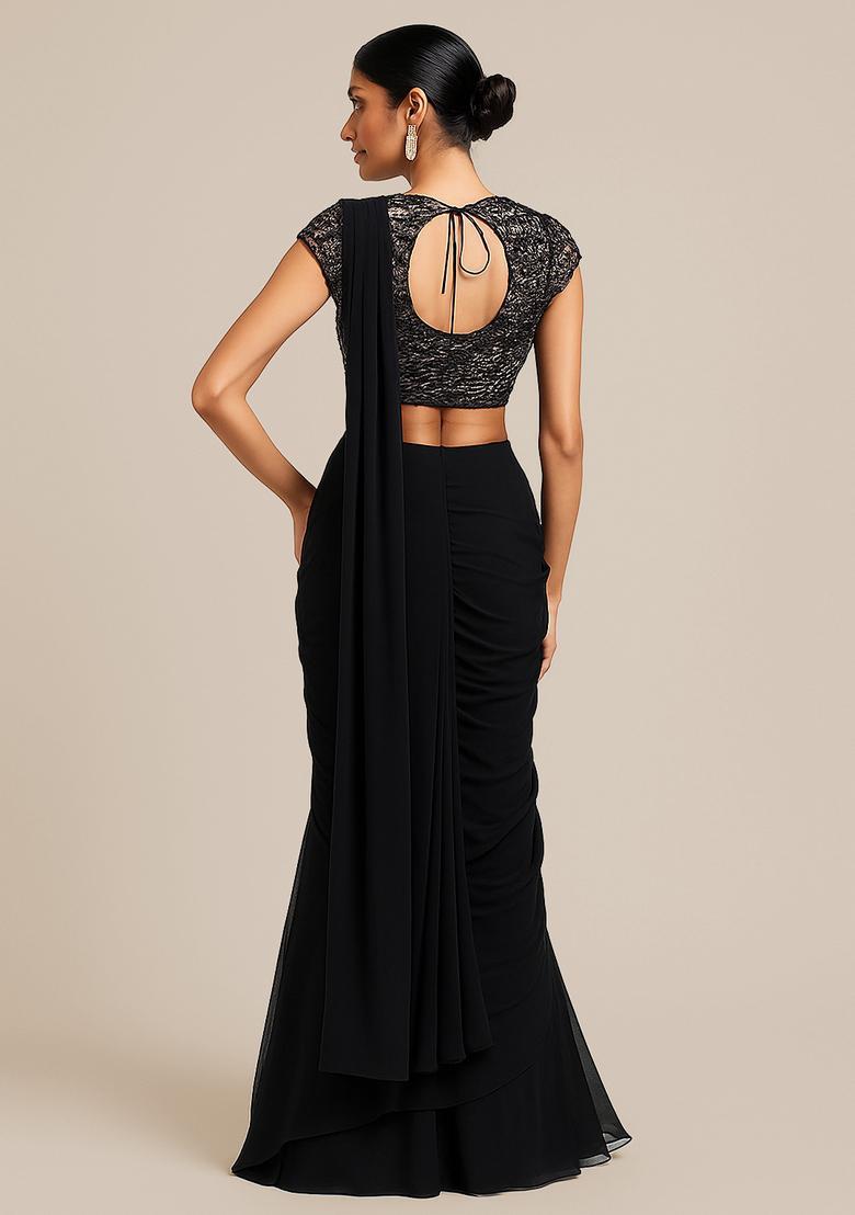 Black Embellished Blouse Georgette Pre Draped Saree Set - Indya