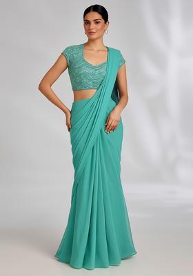 Turquoise Embellished Blouse Georgette Pre Draped Saree Set