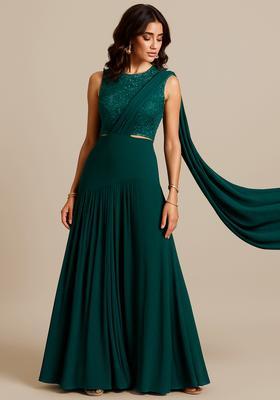 Dark Turquoise Embellished Blouse Georgette Pre Draped Saree Set