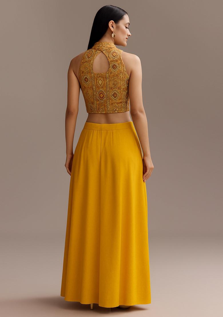 Mustard Embroidered Georgette Fusion Set  - Indya