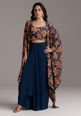 Blue Printed Silk Blend Fusion Set