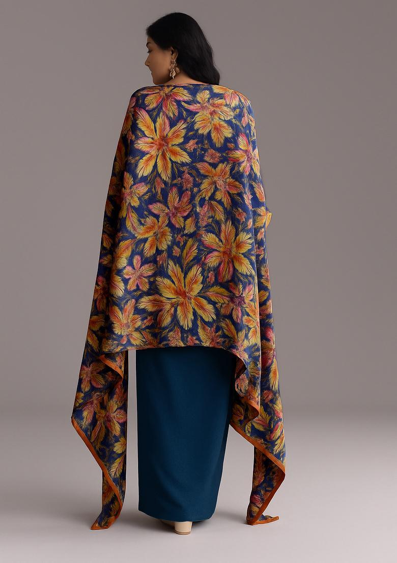 Blue Printed Silk Blend Fusion Set - Indya