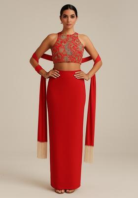 Red Embroidered Blouse Georgette Lehenga Set