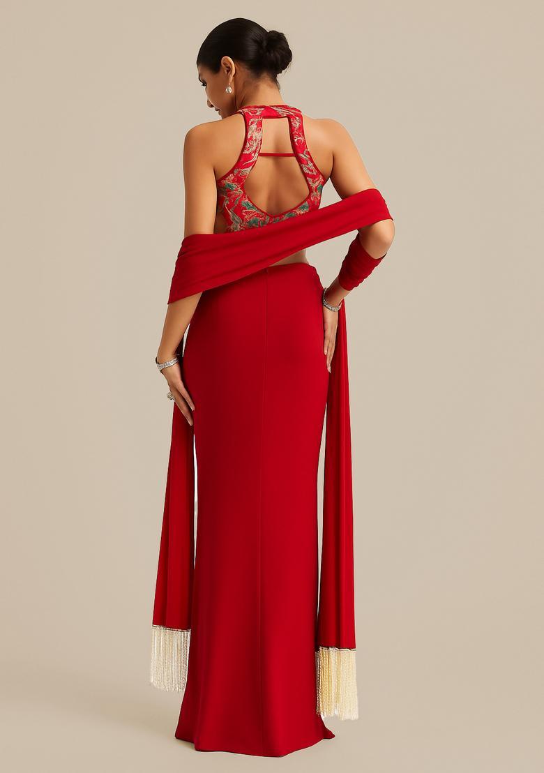 Red Embroidered Blouse Georgette Lehenga Set - Indya