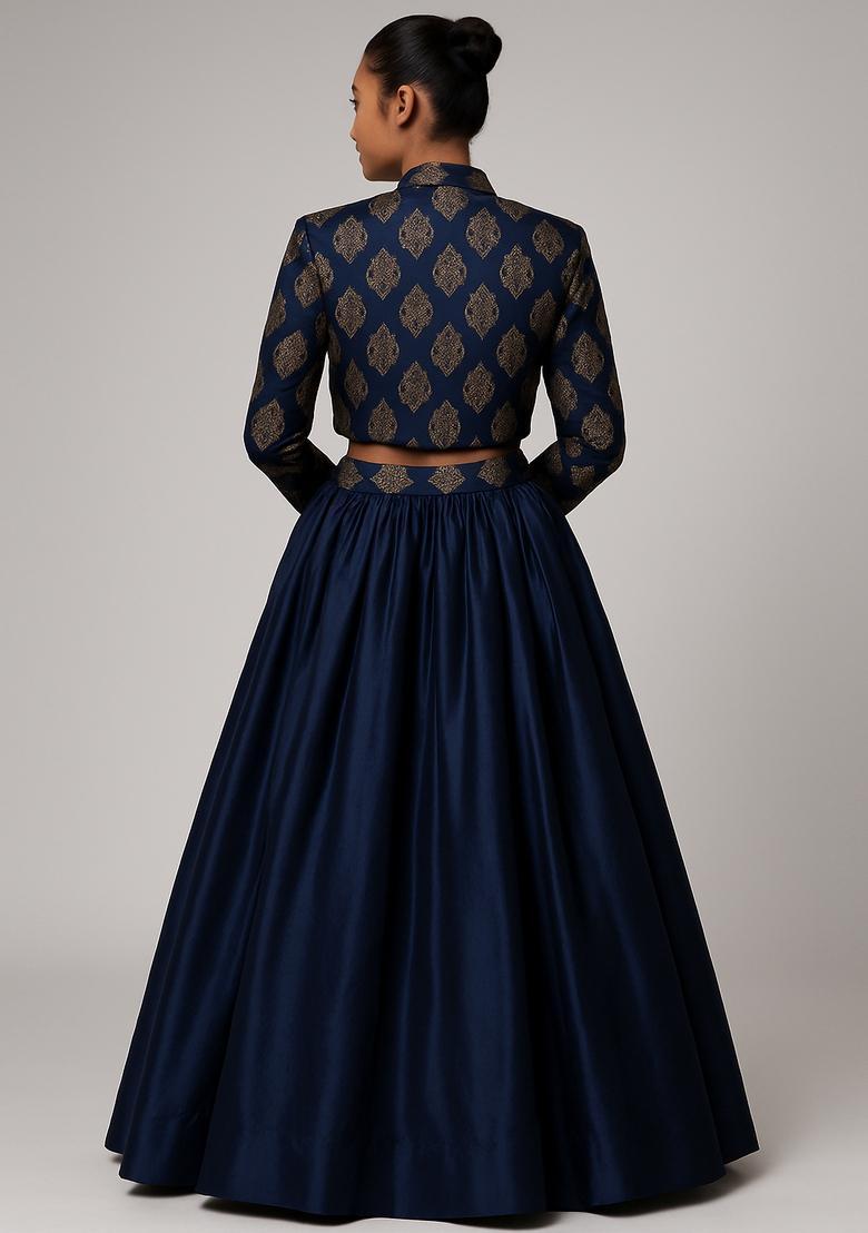 Dark Blue Jacquard Georgette Lehenga Set - Indya