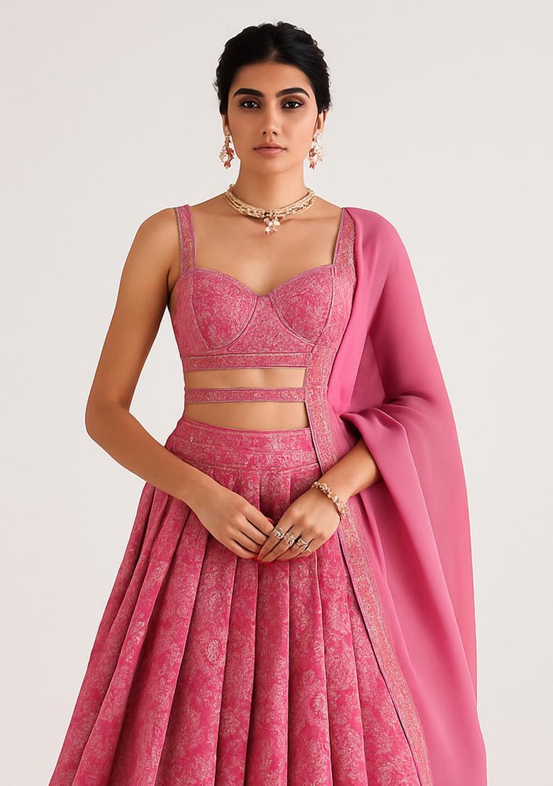 Light Pink Jacquard Brocade Lehenga Set - Indya