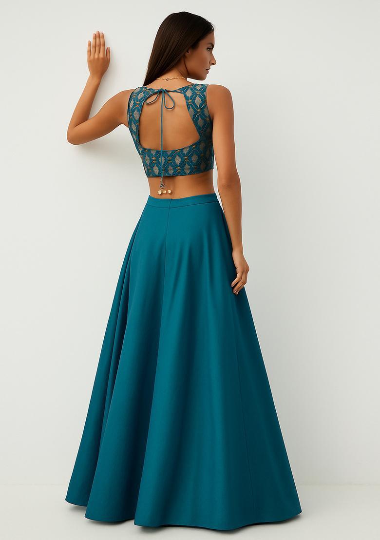 Turquoise Blue Jacquard Blouse Georgette Lehenga Set - Indya