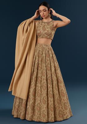 Beige Printed Tussar Lehenga Set