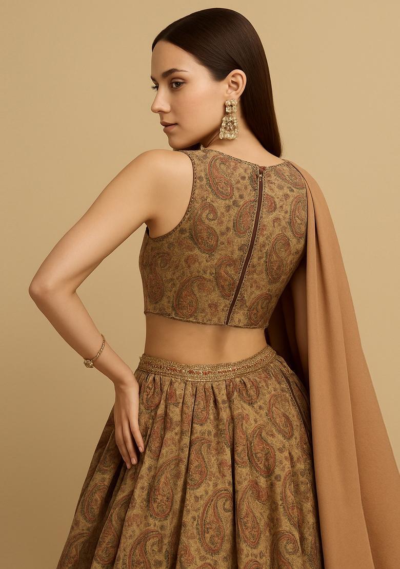 Beige Printed Tussar Lehenga Set - Indya