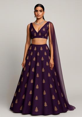 Violet Sequin Embroidered Raw Silk Blend Lehenga Set