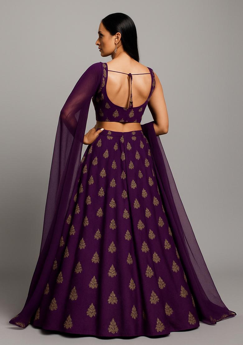 Violet Sequin Embroidered Raw Silk Blend Lehenga Set - Indya