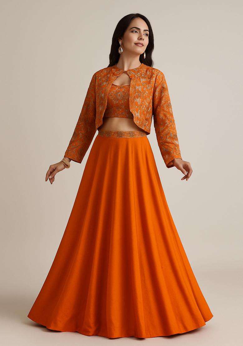 Orange Embroidered Georgette Lehenga Set - Indya