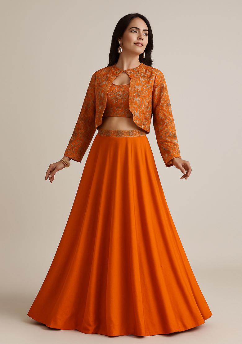 Orange Embroidered Georgette Lehenga Set - Indya
