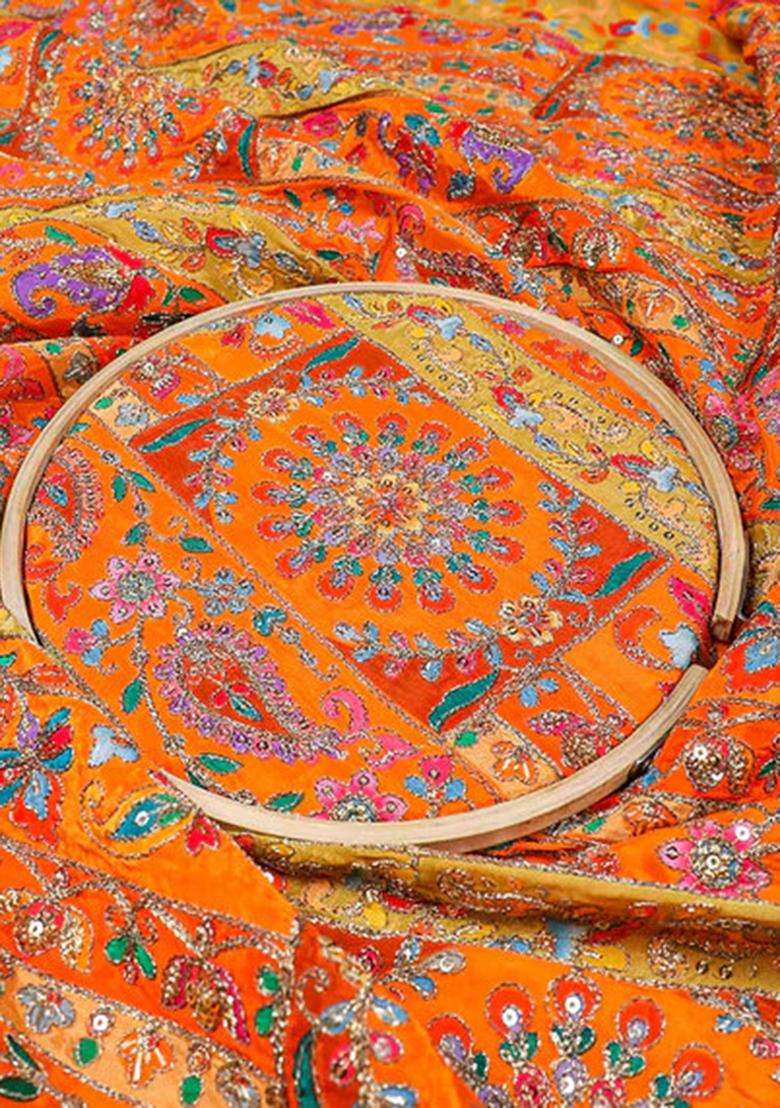 Orange Embroidered Georgette Lehenga Set - Indya