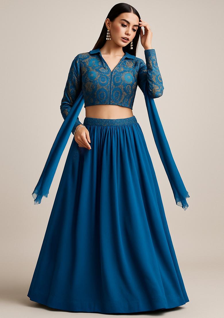 Blue Embroidered Georgette Lehenga Set - Indya