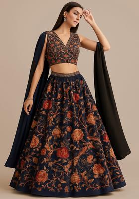 Black Printed Silk Blend Lehenga Set