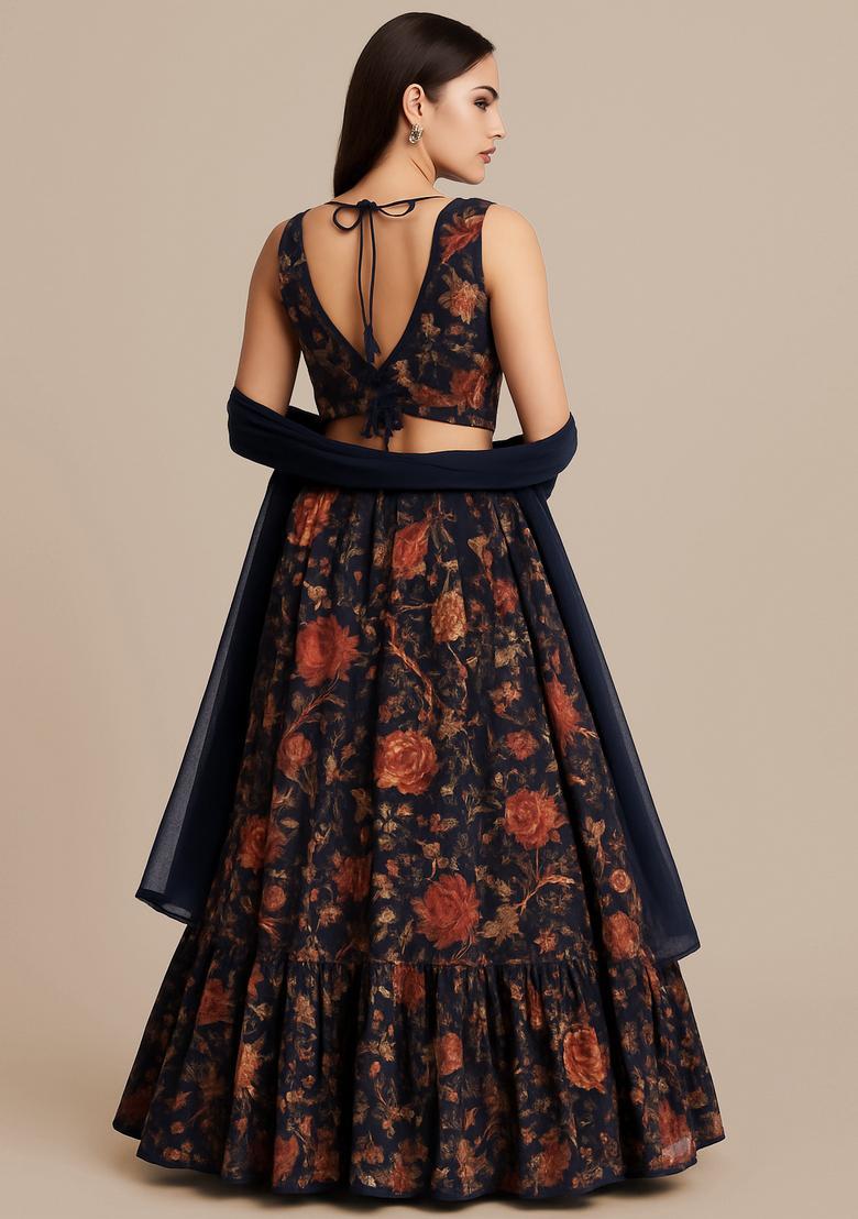 Black Printed Silk Blend Lehenga Set - Indya