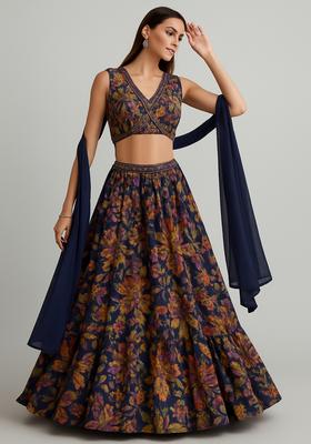 Blue Printed Silk Blend Lehenga Set